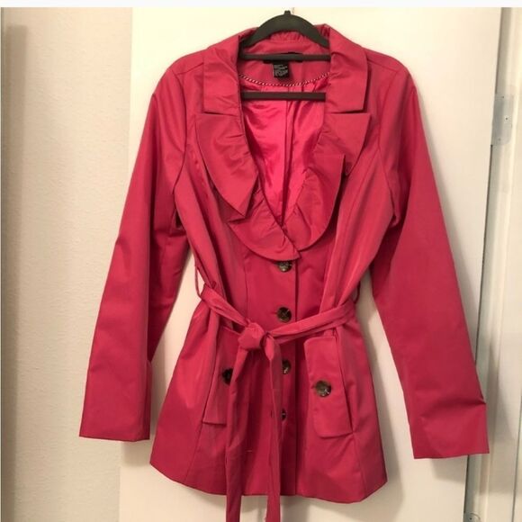 Sandro Studios Lined Hot Pink Trench Coat w/ Ruffled V-Line Collar Sz M. - Picture 1 of 13
